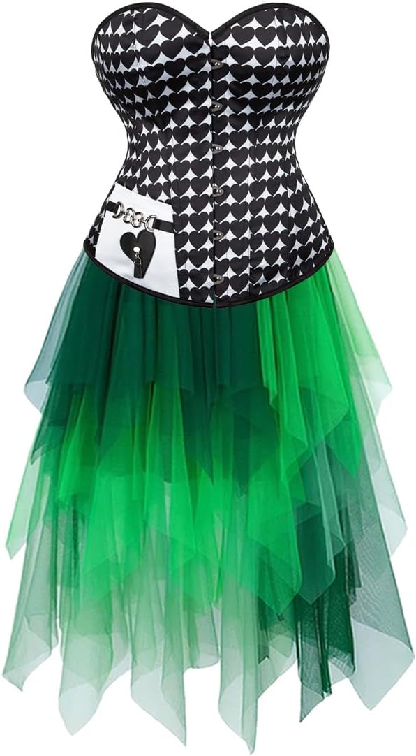 Jutrisujo Corset Dress Multi Layer Skirt Tulle Asymmetry Plus Size Bustier Printing Outfit Lingerie Lace up Gothic Basques