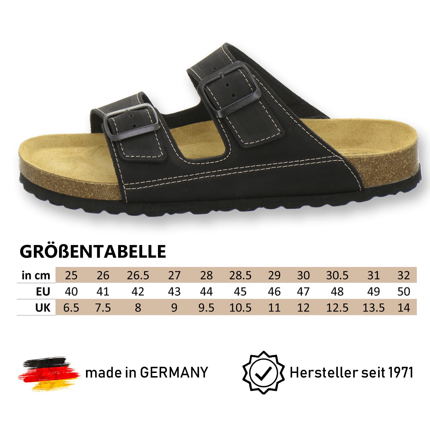AFS-Schuhe 3110 sportliche Herren Pantoletten Leder, Bequeme Hausschuhe Korkfussbett, Made in Germany