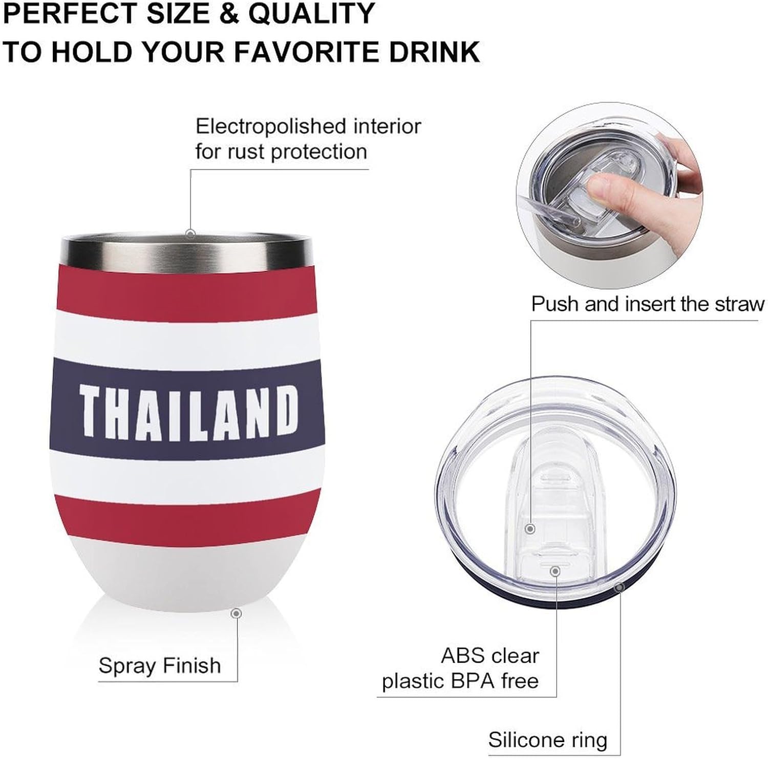 Flag of Thailand Insulated Drinking Cup Stainless Steel Coffee Mug Wine Tumbler with Lid 12OZ