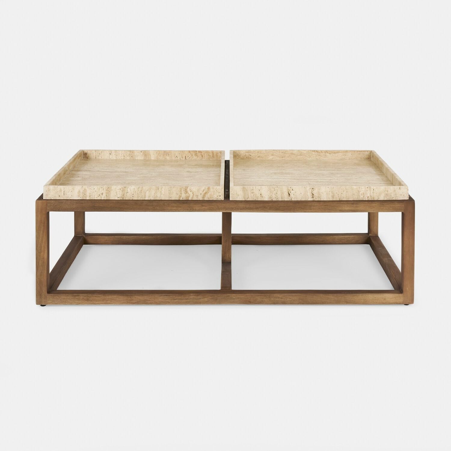 Loberon Edwyn Tavolino da Salotto - Struttura in Legno di Mango dal Design Sobrio - Vassoi in travertino Rimovibili, Marrone/Crema