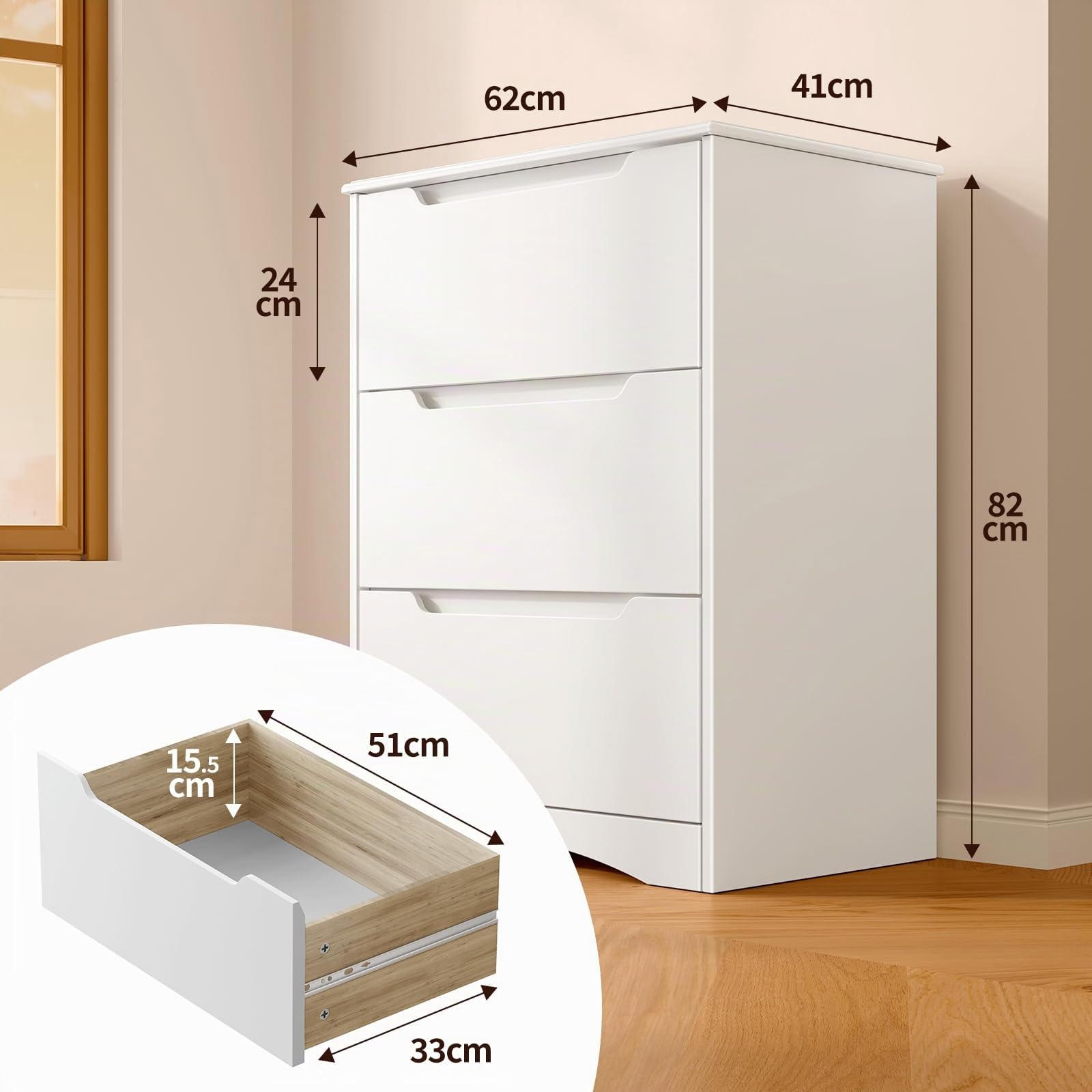 Bealife Cómoda 3 Cajones, Comodas y Cajoneras Dormitorio, Cómoda Dormitorio, Armario de Almacenamiento, para Dormitorios Salón, Pasillo, 82 x 60 x 40cm(Blanco)