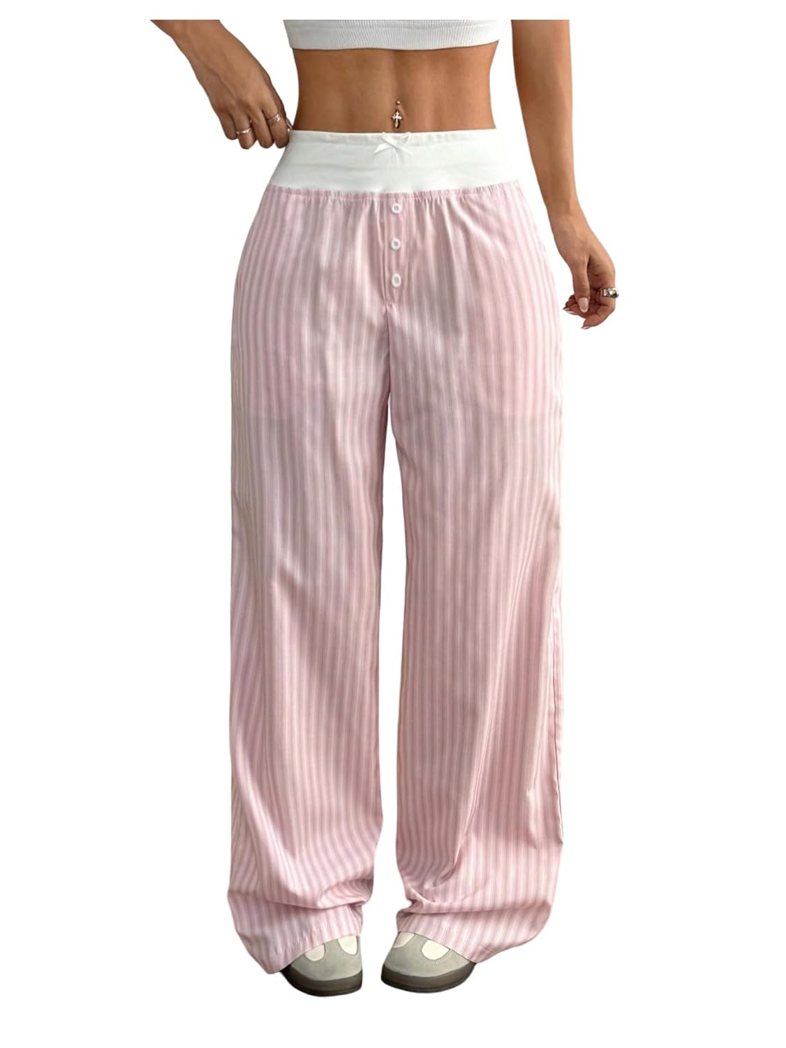 GORGLITTER Womens Y2K Gingham Striped Pants Color Block High Waisted Wide Leg Long Trousers