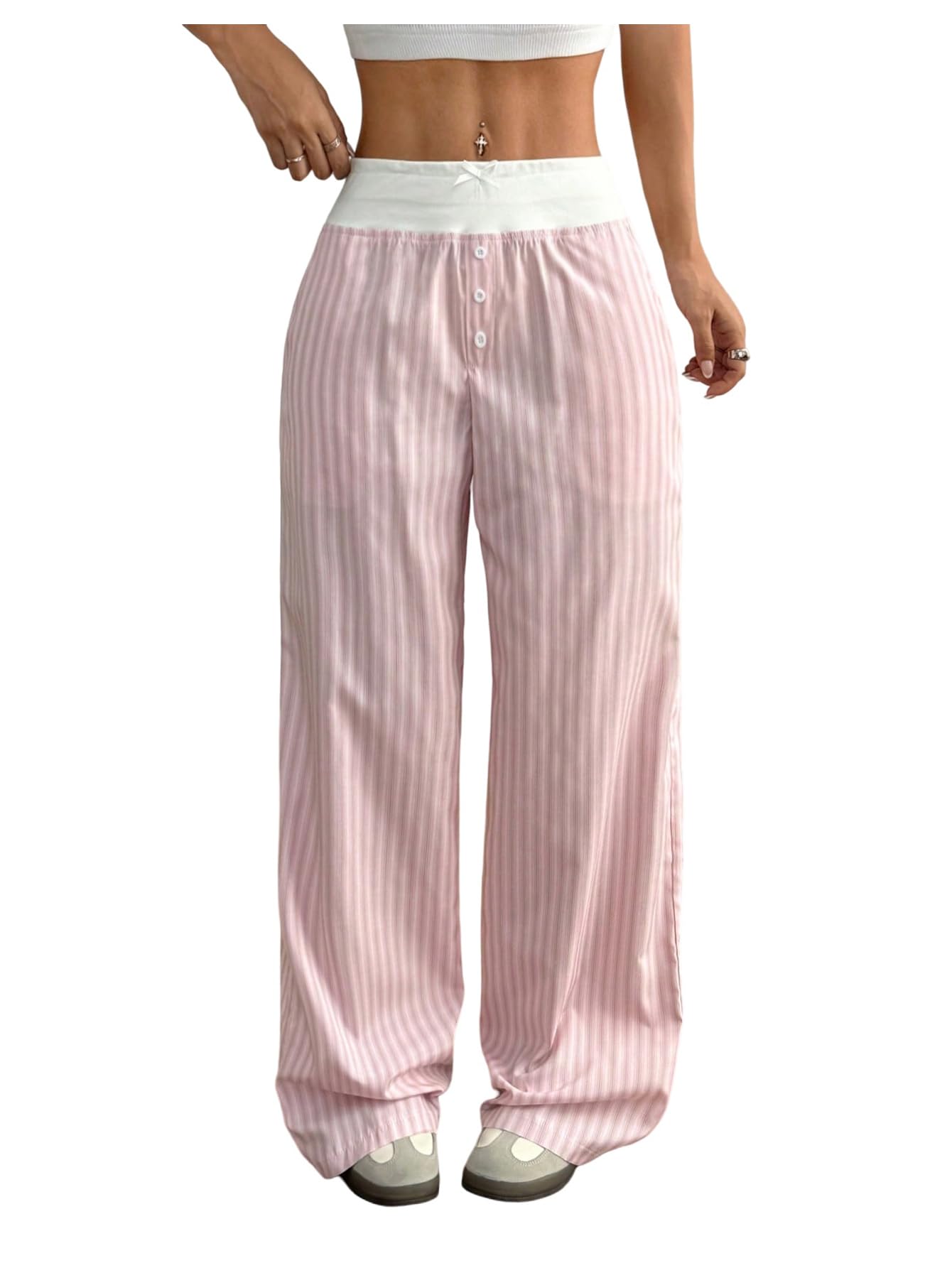 GORGLITTER Womens Y2K Gingham Striped Pants Color Block High Waisted Wide Leg Long Trousers