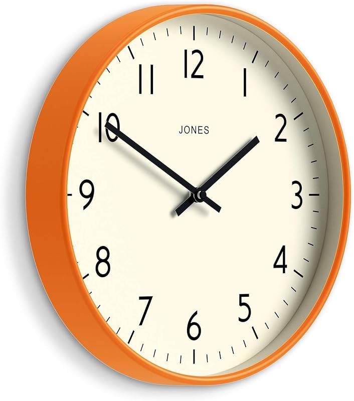 JONES CLOCKS® Studio Clock | Modern Round wall Clock | 12" | Orange | Easy to Read Numbers | Versatile Design for Kitchen, Living Room or Office