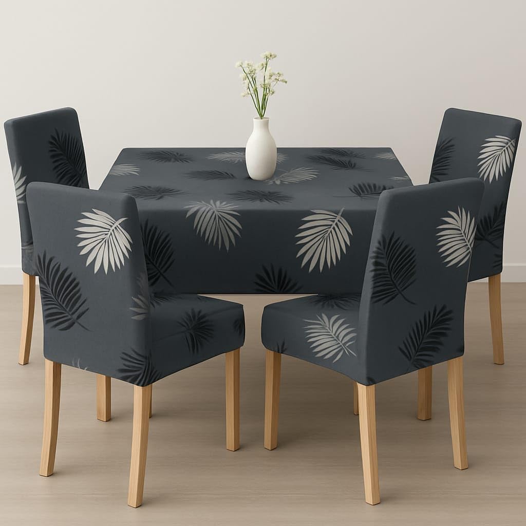 Gurnoor® Polyester Spandex Stretchable Floral Geometric Printed Dining Chair Covers Elastic Chair Seat Case Protector, Slipcovers (‎4 Seater Table Cover + 4 Chair Covers, Grey Leaf)-image-10