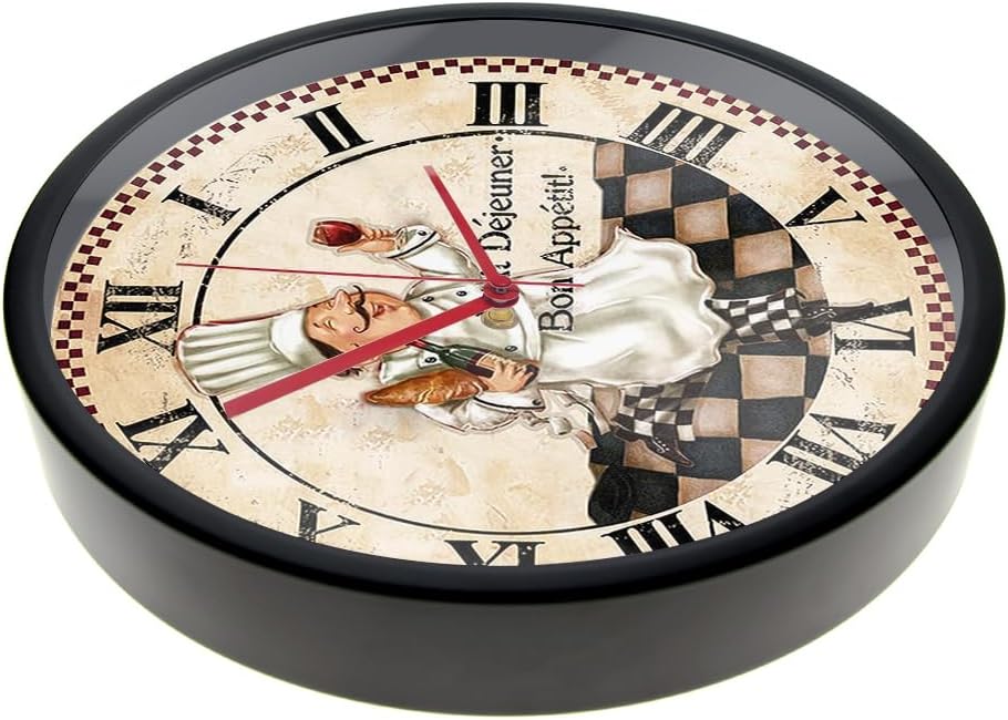 Kitchen Clock with Black Frame, 12'' Vintage Decorative Kitchen Wall Clock Roman Numerals Wall Clock Watch Silent Movement Battery Operated for Kitchens Decor Restaurant Dining Room Chef Gift