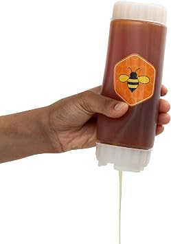 FIFO Honey Dispenser Bottle, No-Drip Honey Control, 18oz Refillable | Wide Twist Cap for Easy Refill, Molasses, Food-Safe BPA-Free Plastic, Durable yet squeezable, dishwasher safe and reusable