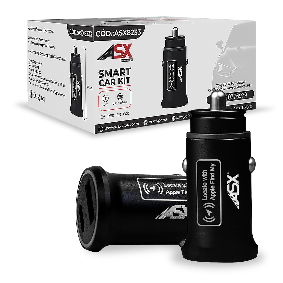 ASX Iluminación Adaptador USB Coche con GPS – Localizador Sin Suscripción Compatible con Apple Find My – Cargador USB-C para Mechero – Rastreador Vehículo, Antirrobo, Dual Fast Charge 45W
