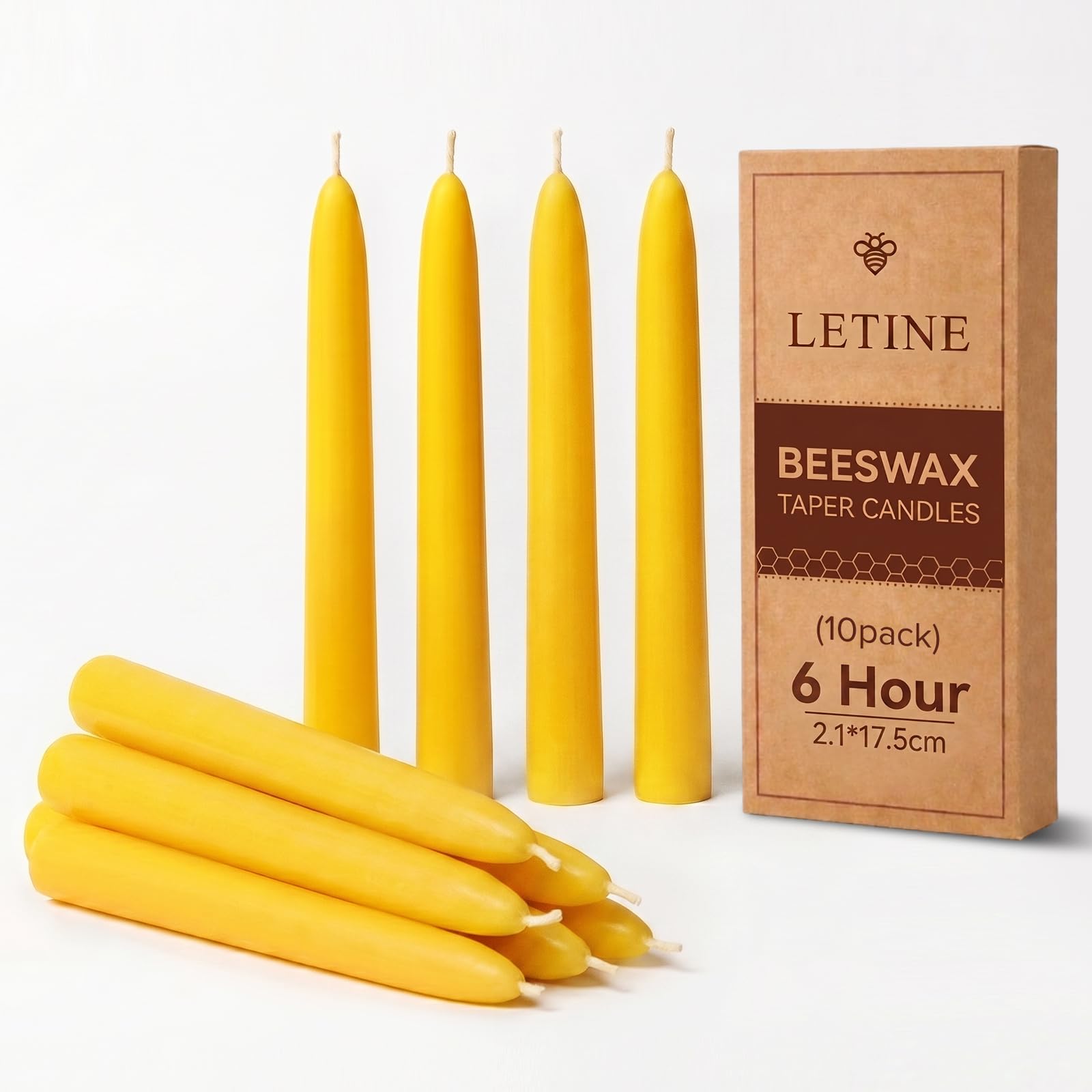 10 Packs Beeswax Taper Candles, 7 Inches Natural Dinner Candle Candlesticks