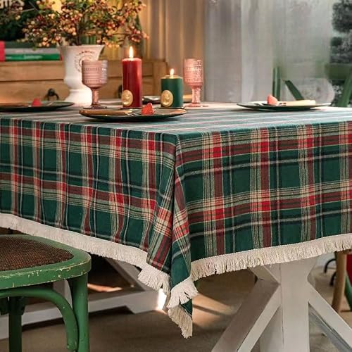 WLLDDDIU Mantel,Mantel Rectangular de Navidad, Clásico, Retro, Rojo y Verde, A Cuadros, Lavable, con Borlas en El Borde de Lujo, para decoración de Fiestas, Mantel de Fiesta de Navidad, 90 X 90 Cm