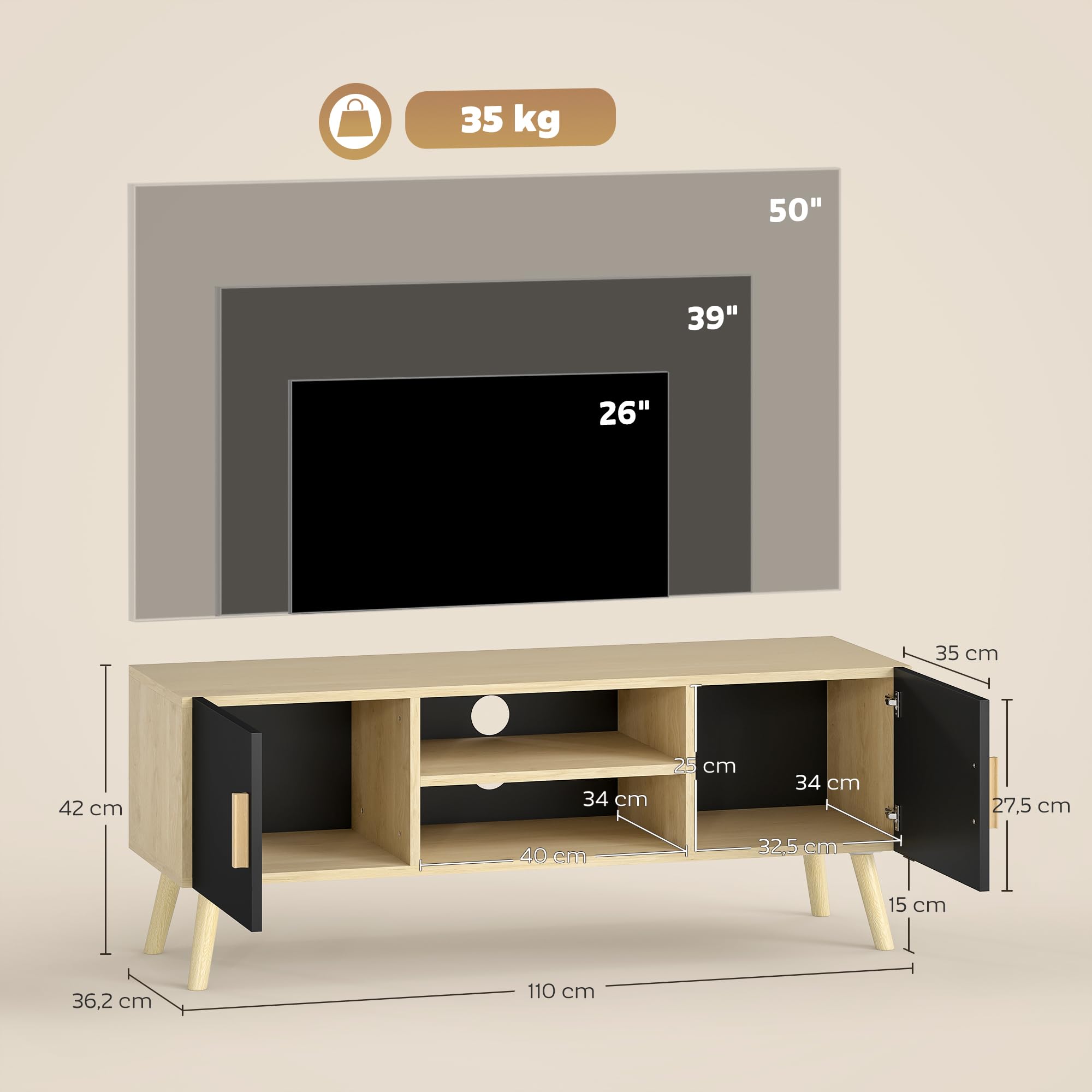 HOMCOM Meuble TV Meuble télé Bois Banc TV jusqu'à 50 Pouces avec étagères, 2 placards et Passe-câbles pour Salon, Chambre à Coucher, 110 x 36,2 x 42 cm, chêne et Noir