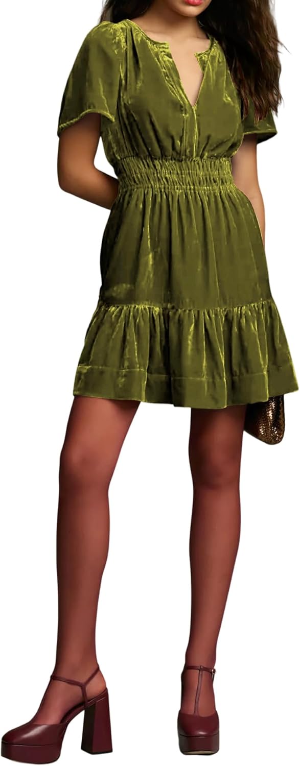 R.Vivimos Women's Fall Winter Vintage Casual Dresses Velvet Short Sleeve V Neck Elastic Waist Tiered Flowy Swing Mini Dress - Image 5
