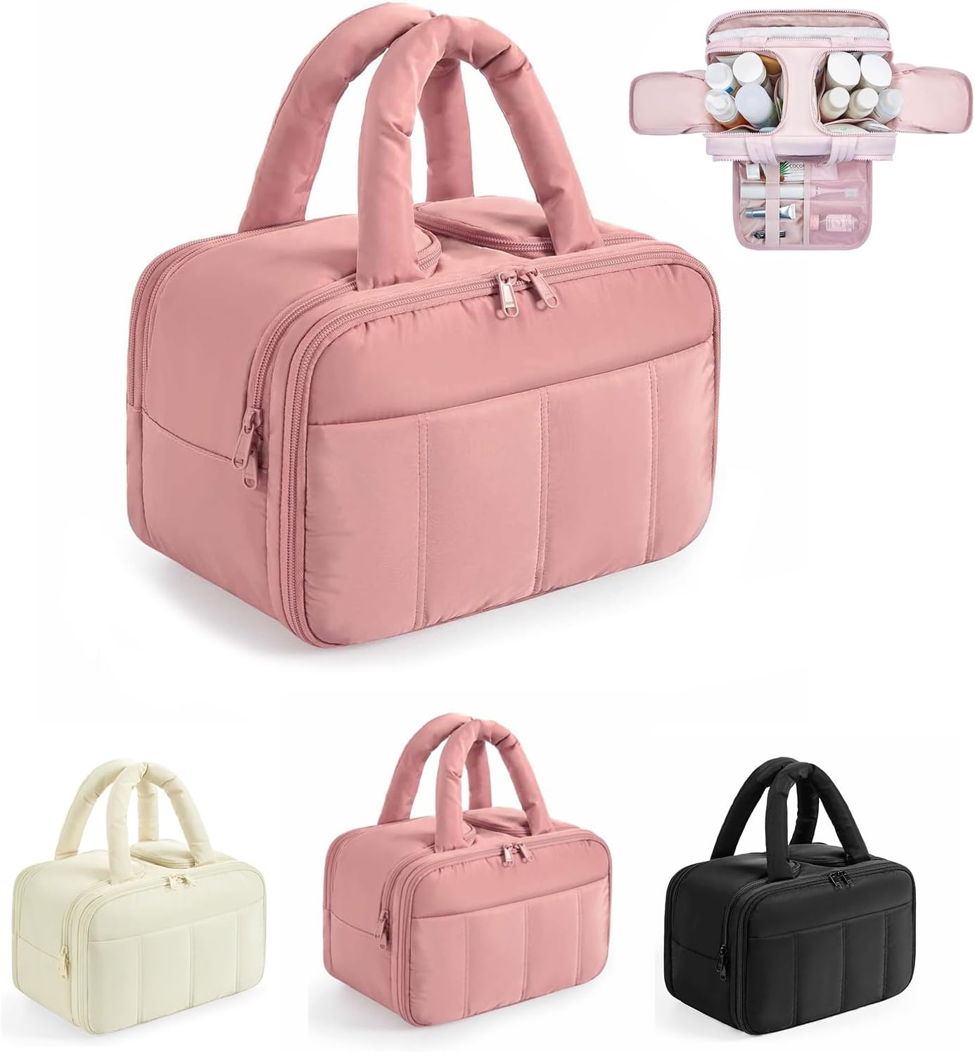 Puffy Travel Toiletry Bag for Women,Lightweight Cosmetic Organizer with Wet-Dry Compartments & Handle,Large Makeup Bag for Essentials (Beige)