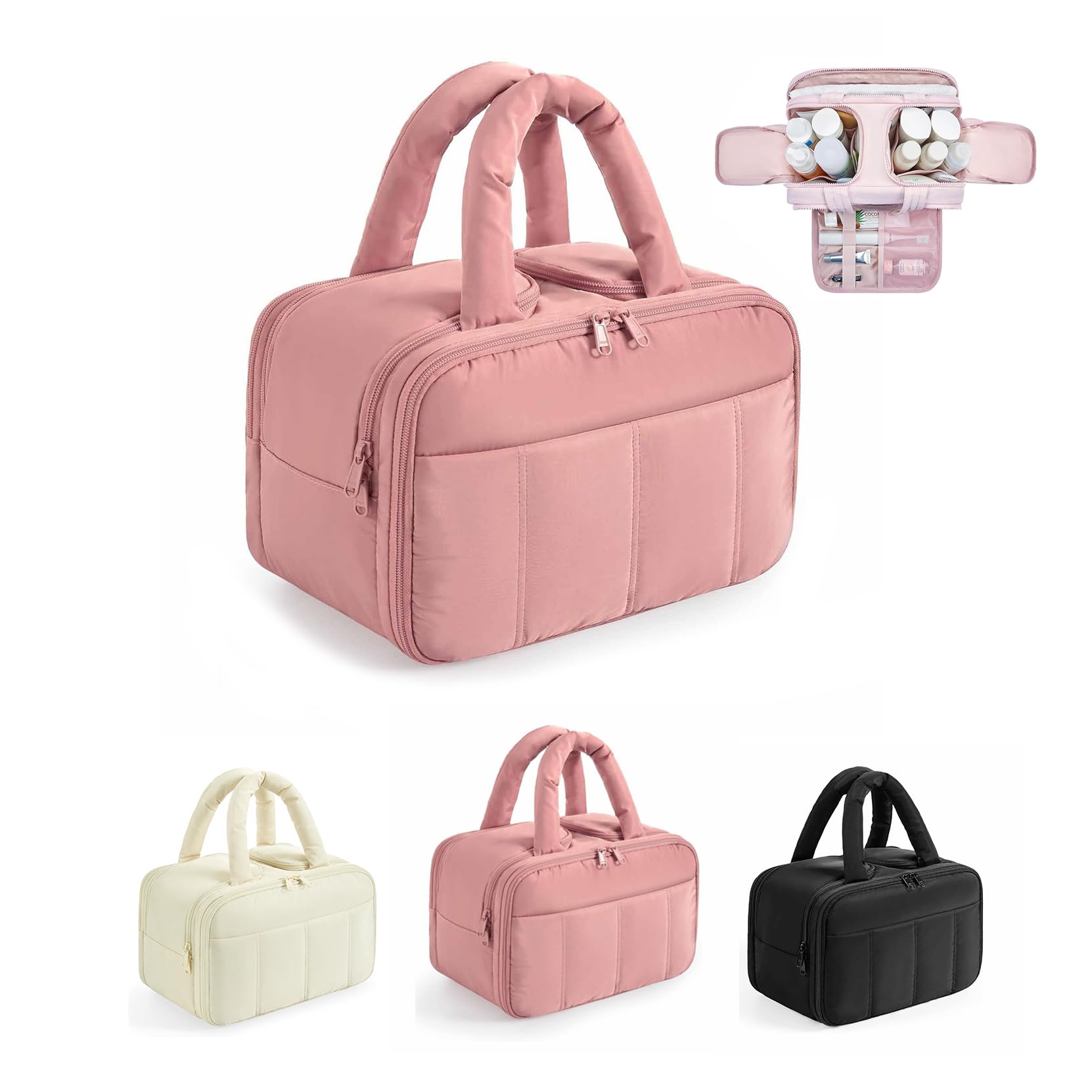 Neceser de viaje hinchado para mujer, organizador de cosméticos ligero con compartimentos y asa para húmedo y seco, bolsa de maquillaje grande para artículos esenciales, Beige, Neceser de