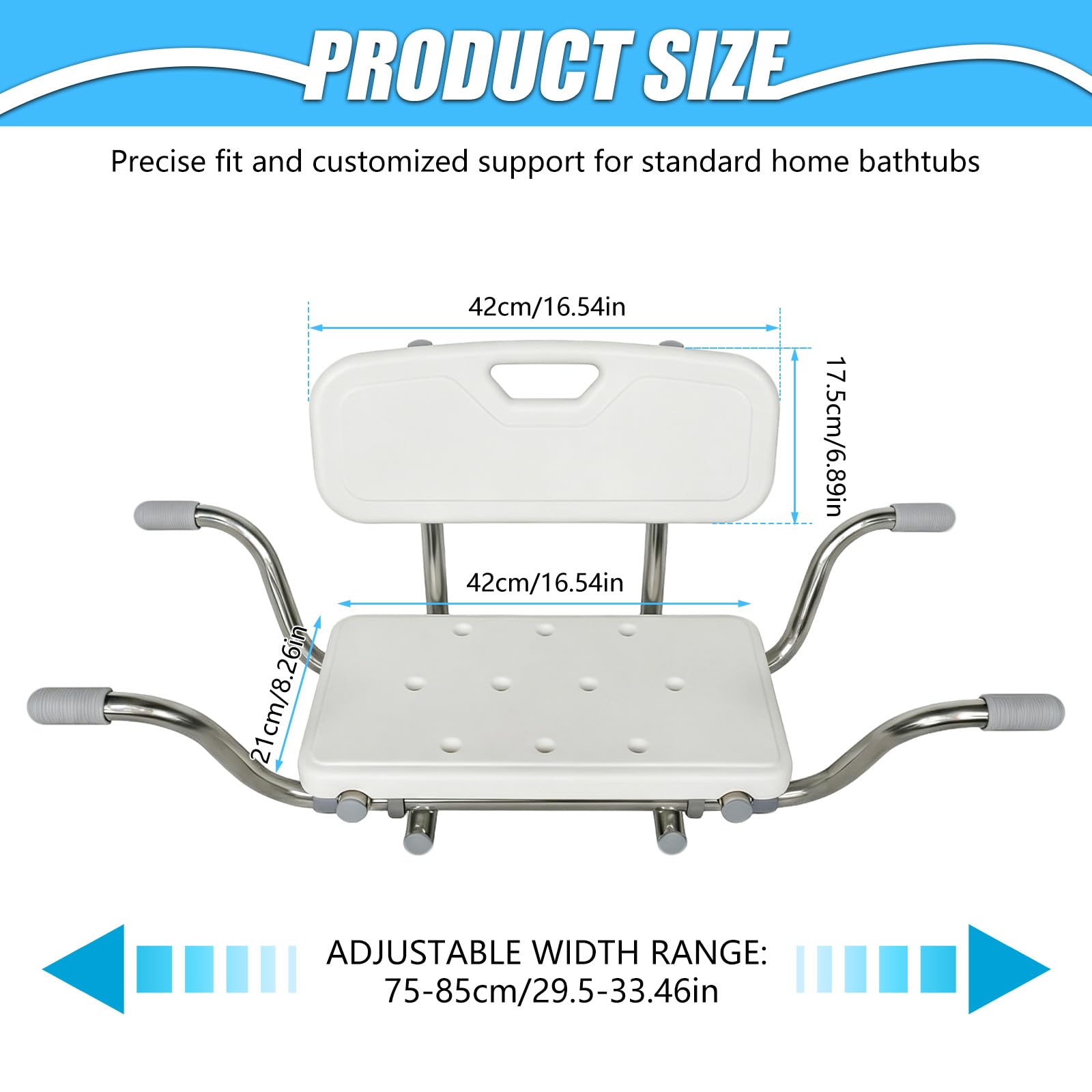 Asiento de bañera con Respaldo, Asiento de Ducha Banco de Ducha para bañera, Tablas de bañera Extensibles de 72-82cm, Extensible Blanco, Capacidad de Carga 136 kg Asiento de bañera (B)