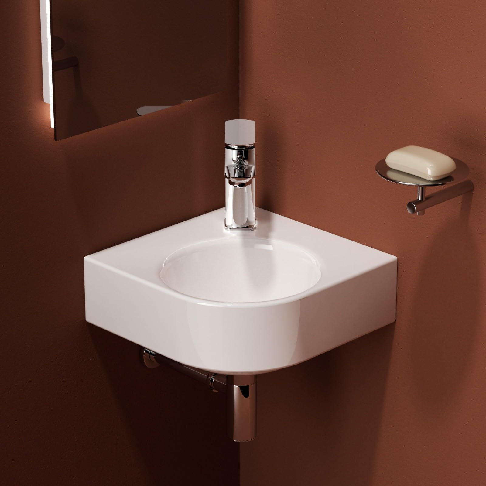 EMKE Wall Mounted Cloakroom Wash Basin Small Bathroom Sink Ceramic Bathroom Vessel Sink White Corner Sinks 31 x 31 x 15 cm (LxWxH)