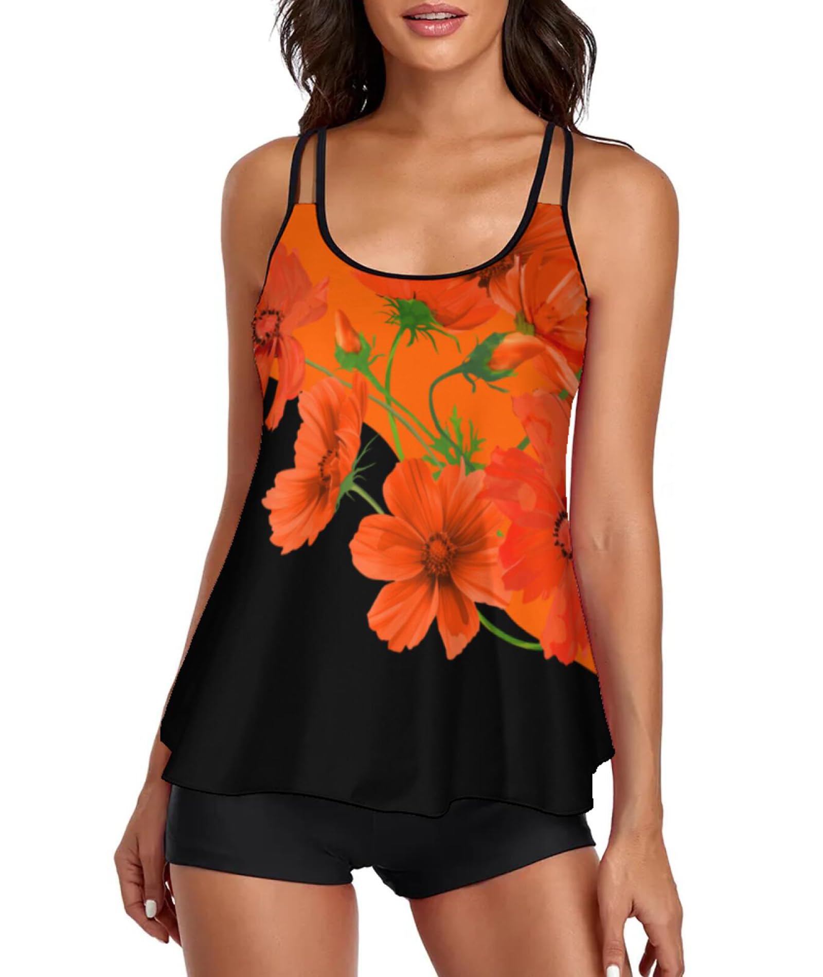 Urchics 2026 Women Two Piece Tankini Swimsuit Tummy Control Plus Size Long Torso Top and High Waisted Boyshorts Bathing Suits