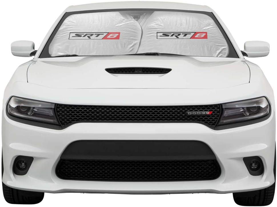 iPick Image for SRT-8 Logo Universal Fit Dual Panels 2 of 28" W x 24" L Easy Folding Windshield Sun Shade for Dodge Jeep
