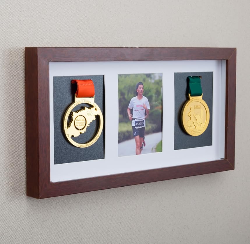 exhibición de la Medalla, Soporte múltiple Multicolor de la Pared los tamaños del Marco exhibición Medalla Madera sólida Profundo(Teak,10" (1 Medal+Horizontal Photo))