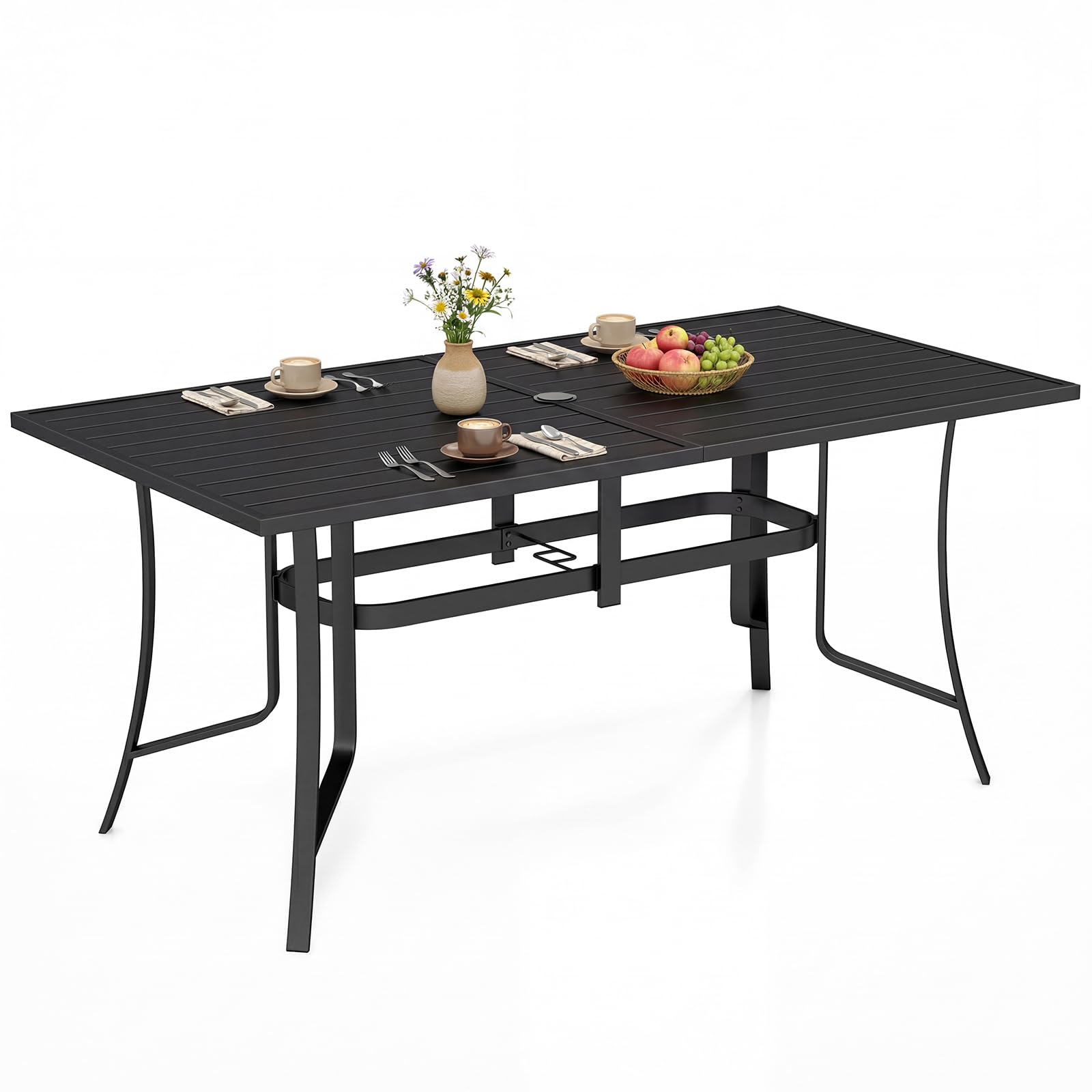 COSTWAY Mesa Jardín Exterior, 160 x 84cm, Mesa de Comedor Rectagular para 6 Personas, Marco de Metal, Orificio para Sombrillas, Patio Terraza Jardín Piscina, Carga 150 kg