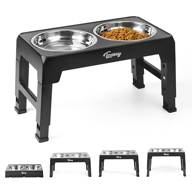 Toozey Comedero Elevado Perro con Tazones de Acero Inoxidable Dobles de 1,2 L de 4 Altura Ajustable…