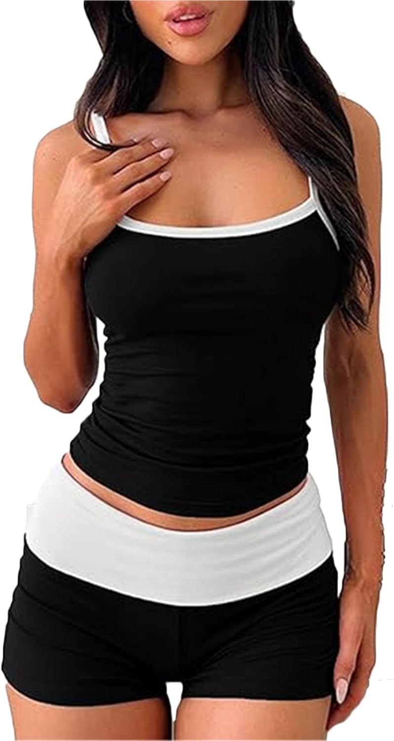 RUEWEY Womens 2 Pieces Paiamas Set Color Block Sleeveless Crop Cami Top and Fold Over Shorts Pjs Loungewear - Image 2