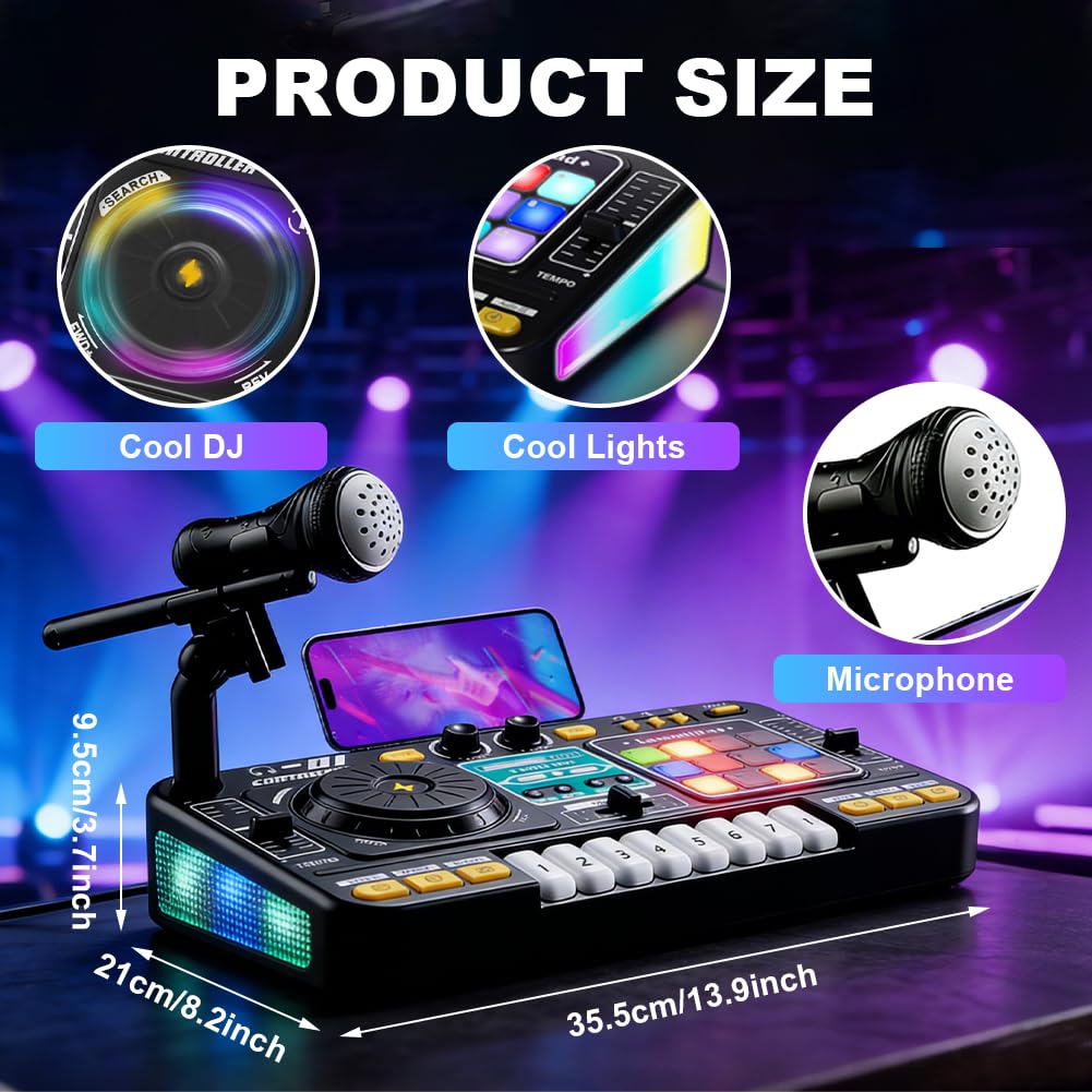 DJ mixer bambini 3-10 anni, controller DJ con microfono e luci LED, 100+ effetti sonori, tastiera piano, batteria, giocattolo regalo per principianti DJ ragazzi ragazze