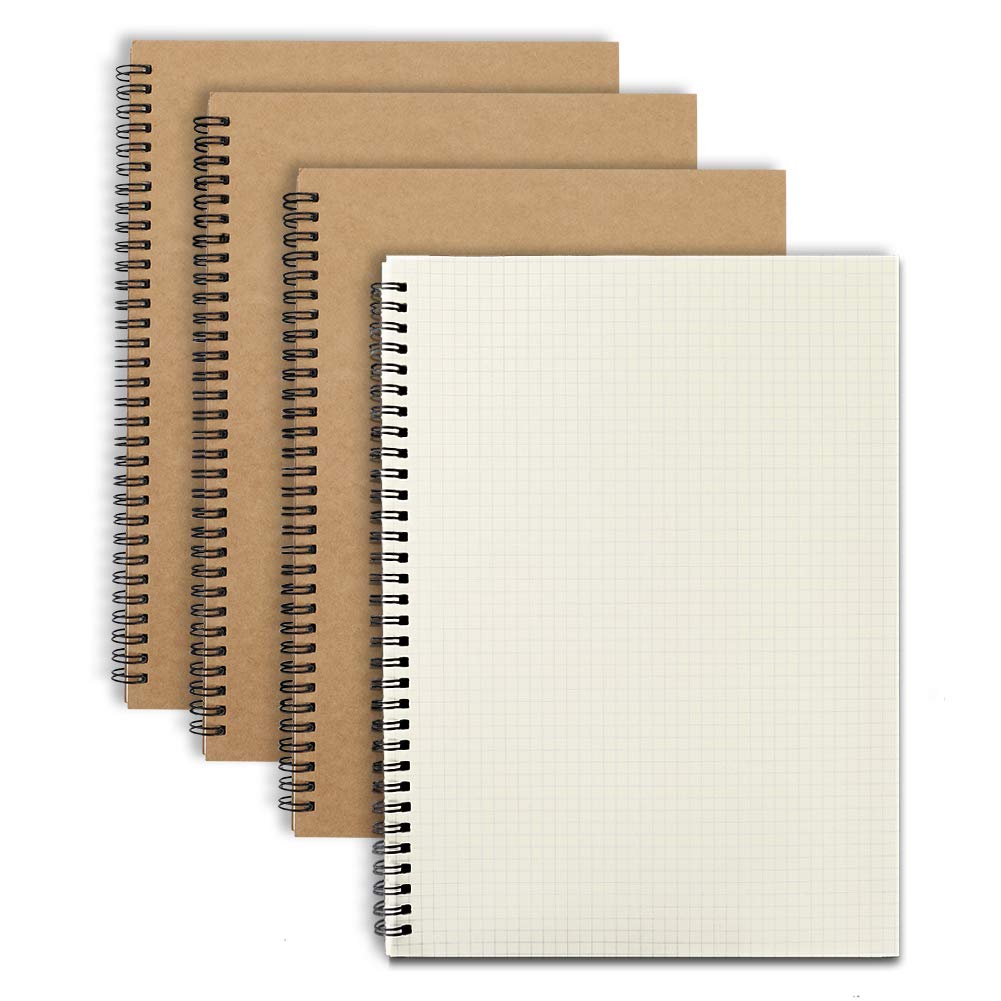 YANGTE 4 Packs Spiral Square Notebooks, A4 Kraft Cover Notepad, 5mm Squared Grid Pages Journal Perfect for Travel School Drawing