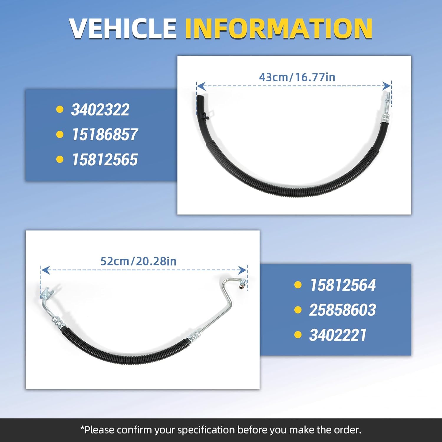 2pcs Power Steering Pressure Hose, Fit for Chevy Silverado 1500 Tahoe Avalanche 2007-2013, GMC Sierra Yukon 2007-2012, Cadillac Escalade 2007-2014 4.8 5.3 6.0 6.2L V8 Replace 15812564 15812565