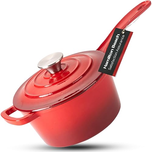 Hamilton Beach Enameled Cast Iron Sauce Pan 2-Quart Red, Cream Enamel coating, Pot For Stove top and Oven Cooking, Even Heat Distribution, Safe Up to 400 Degrees, Durable