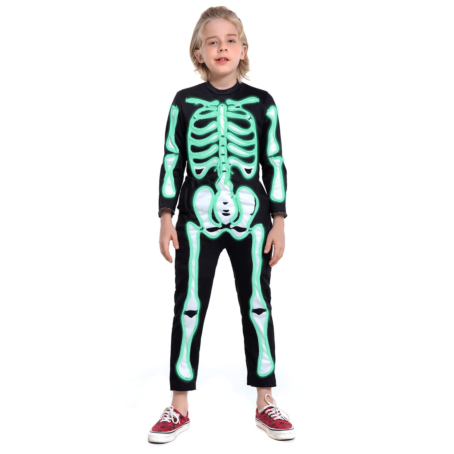 HSCTEK Light-up Child Skeleton Costume, Led Halloween Cosplay Boys Girls