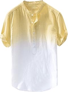 Camisa de verano de algodón y lino para hombre, cuello Henley, casual, ajuste delgado, color degradado, camisa hawaiana de playa, camisa de ocio
