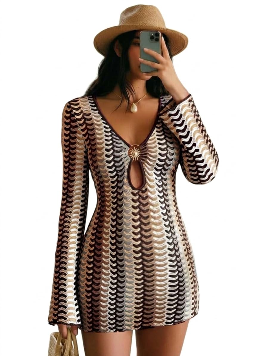Photo 1 of Narecte Women Summer V Neck Long Sleeve Crochet Cover Up Grey M