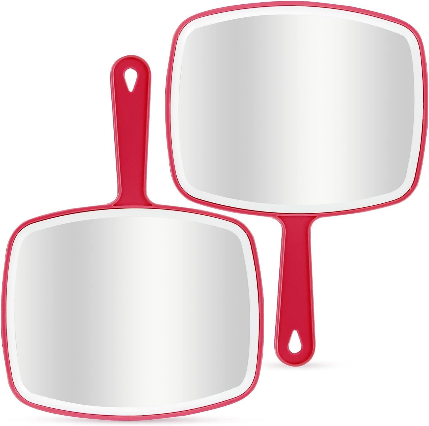 2 Pezzi Specchio a mano, 26.4 x 18.8 cm Specchio Trucco Portatile con Manico, Appendibile, per Radersi o Applicare il Trucco, Rosso