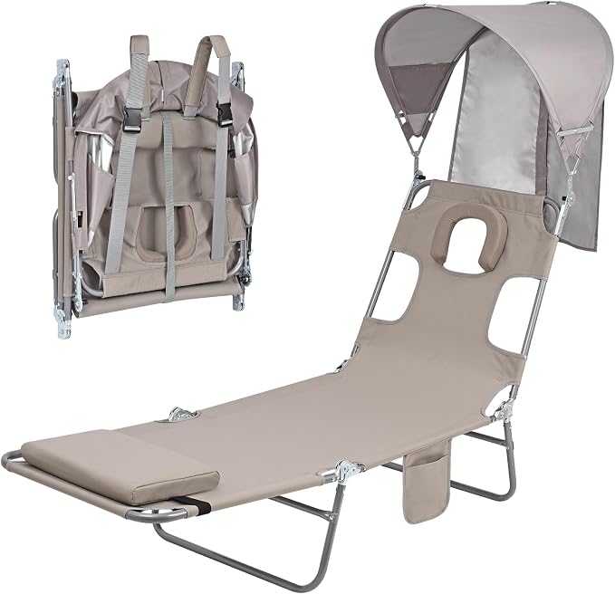 Backpack Beach Tanning Chair with Canopy Sun Shade & Face Hole, 6 Position Folding Lounge Sun Chair for Adults Outside Reading Sunbathing Poolside Camping Lawn, UPF 50+, Patent Design