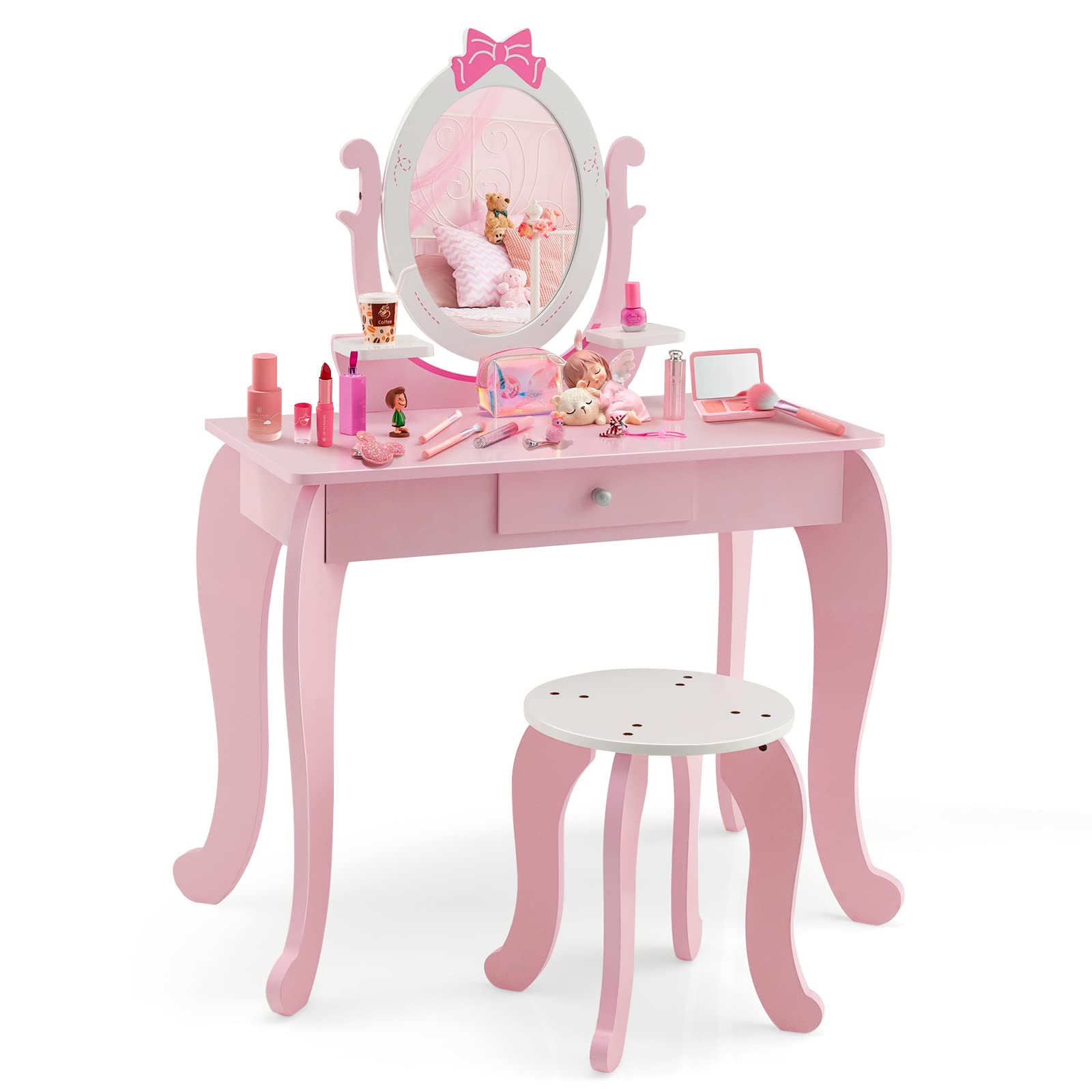 Coiffeuse Pour Enfant Avec Miroir Et Tabouret - Design Lapin Rose - Bureau 2 En 1 - En Bois Solide - Accessoires De Maquillage Jouets