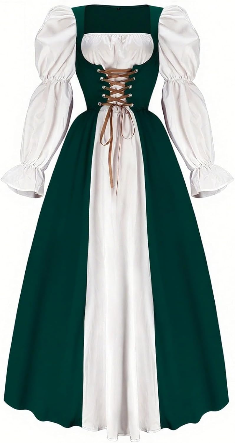 Womens Renaissance Dress, Halloween Medieval Victorian Costume Lace Up Bubble Sleeve Fairy Maxi Dresses