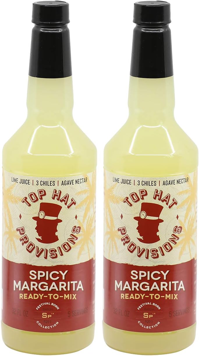 Top Hat Spicy Margarita Drink Mix - Handcrafted with 3 Chiles, Pineapple, Organic Agave Nectar & Organic Lime Juice - Low Calorie - 2 Pack of 32oz Bottles