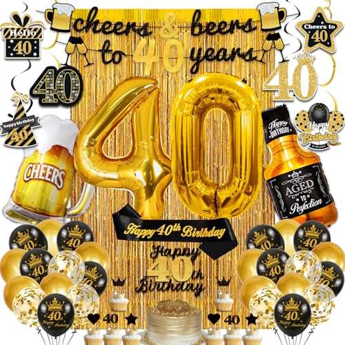 40th Birthday Decorations for Him, 40th Birthday Party Decorations Black and Gold Decorations with Gold 40 Number Balloons,Cheers to 40 Years Banner for Men Happy 40th Birthday Decorations