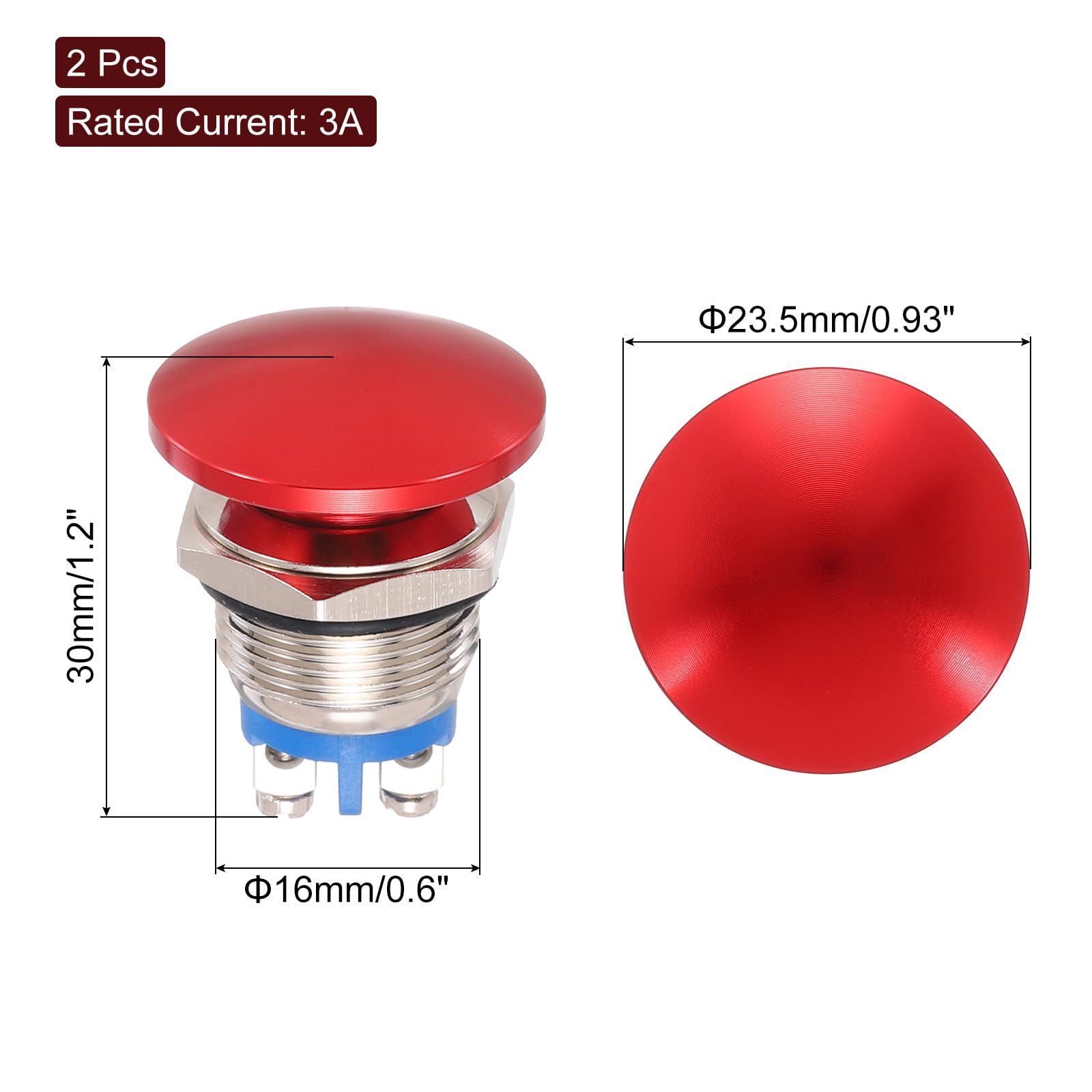 METALLIXITY 2PCS 3A 16MM 5/8" Momentary Mushroom Head Push Button Switch 12V 24V 120V 250V AC Red 1NO Waterproof IP65 SPST Domed Round 2 Screw Foot Button Switch - Image 2
