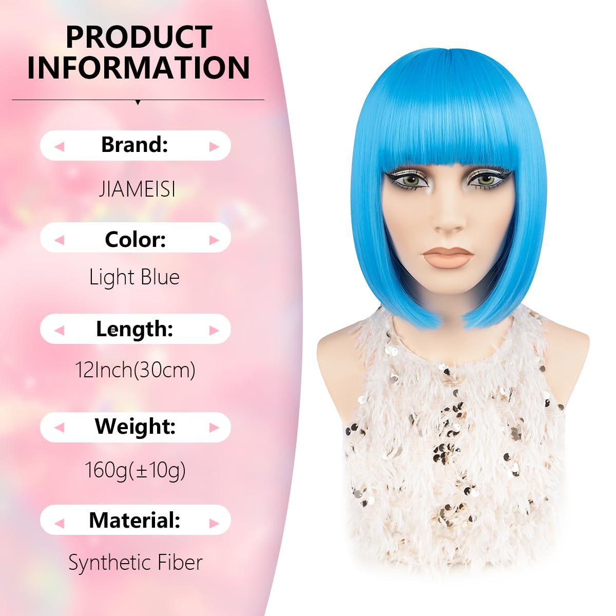 JIAMEISI Blue Bob Wig with Bangs 12Inch Straight Short Bob Hair Synthetic Fiber Cosplay Party Colourful Wig for Women Girls Christmas Halloween Fashion Looking (Light Blue) - Image 2