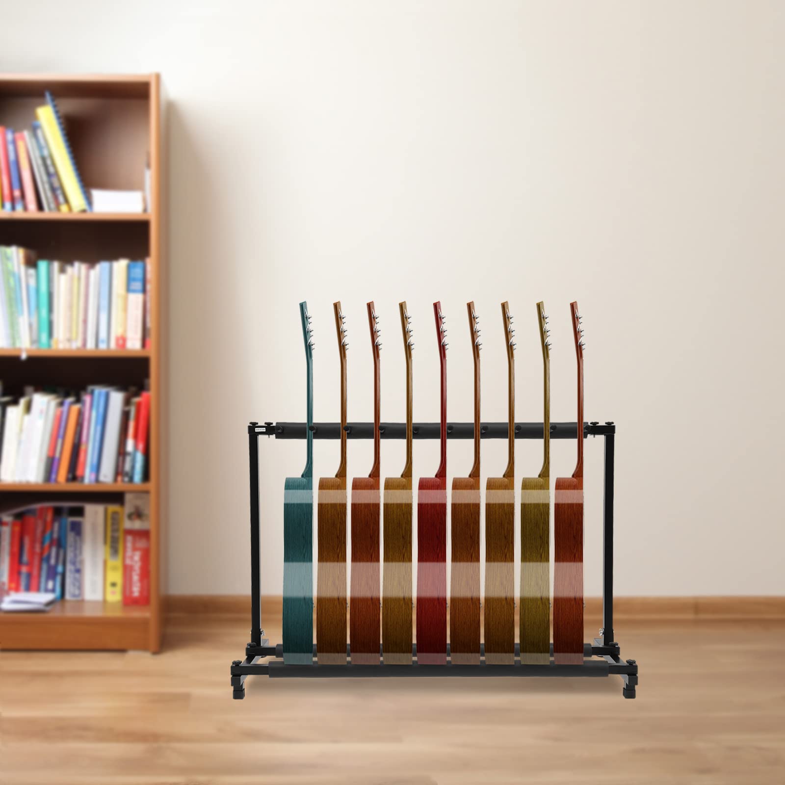 Supporto per chitarra a 3 scomparti, a 5 livelli, pieghevole, con ruote, per chitarra acustica, classica, basso acustico, chitarra elettrica, basso (110 x 47 x 73 cm)