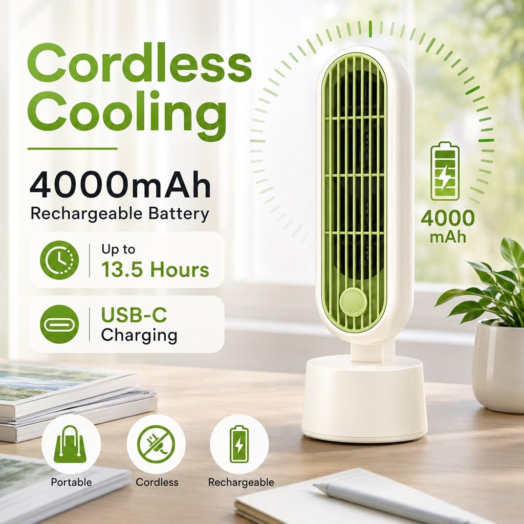 Ventilatore A Torre Compatto Con Batteria Ricaricabile Da 4000 MAh | 5 Velocità Con Controllo Touch,Display LED, Oscillazione 30°/60°, Raffreddamento Personale Silenzioso Per Scrivania