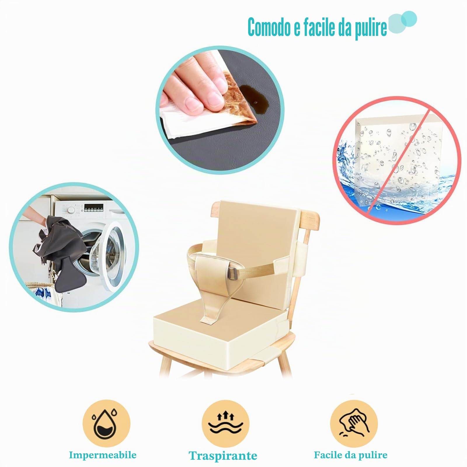 Seduta Rialzata per Bambini e Neonati, Impermeabile in Poliuretano, Con Schienale e Cintura di Sicurezza Regolabile a 3 Punti, Cuscino per Seggiolone Pratico
