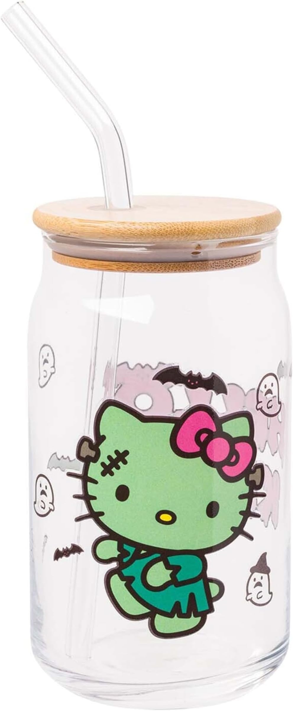 Silver Buffalo Sanrio Hello Kitty Halloween Spooky Frankenstein Glass Jar Tumbler with Bamboo Lid and Glass Straw, 16 ounces