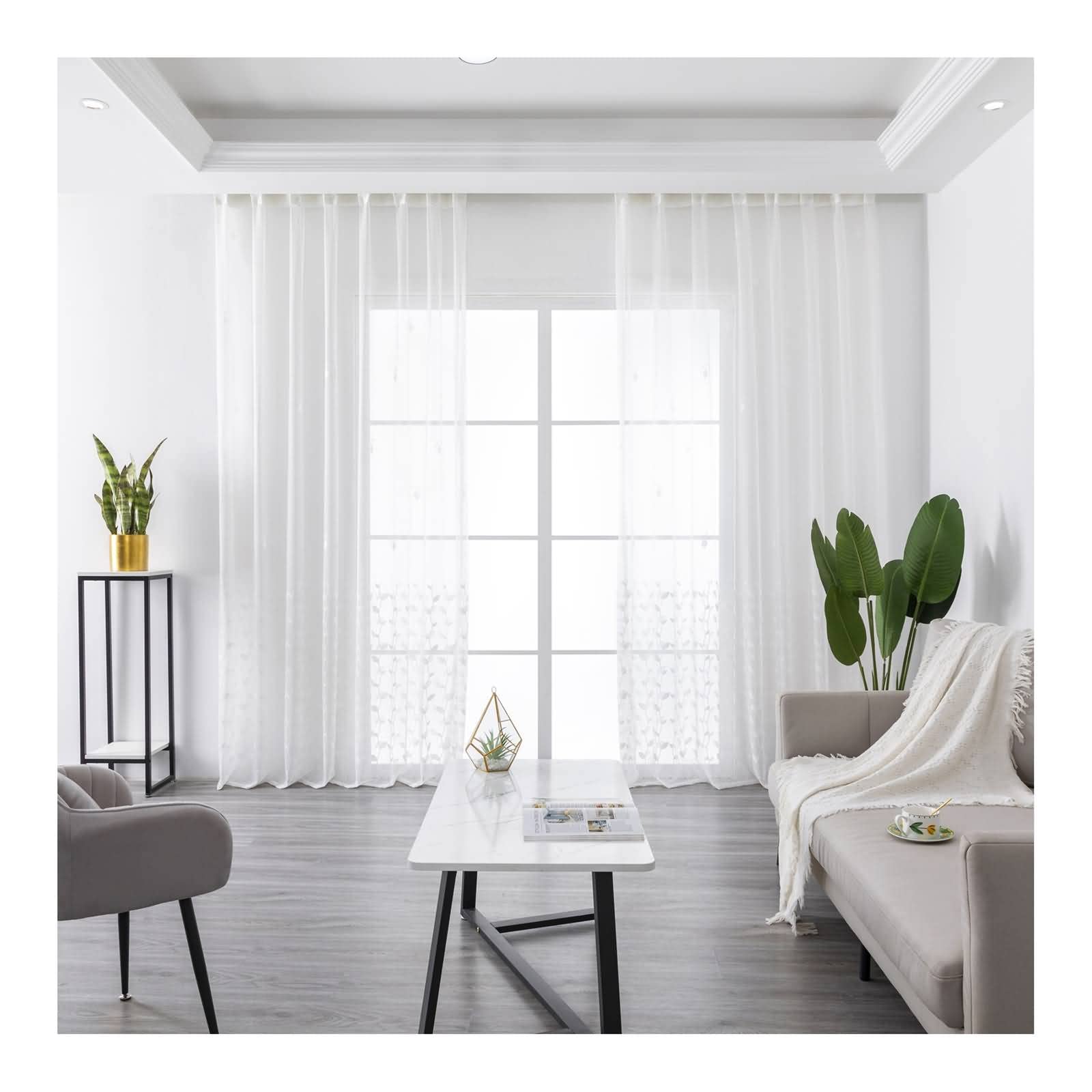 Amazon｜Mesnt セミ遮光カーテン ホワイト、ポリエステル リーフ