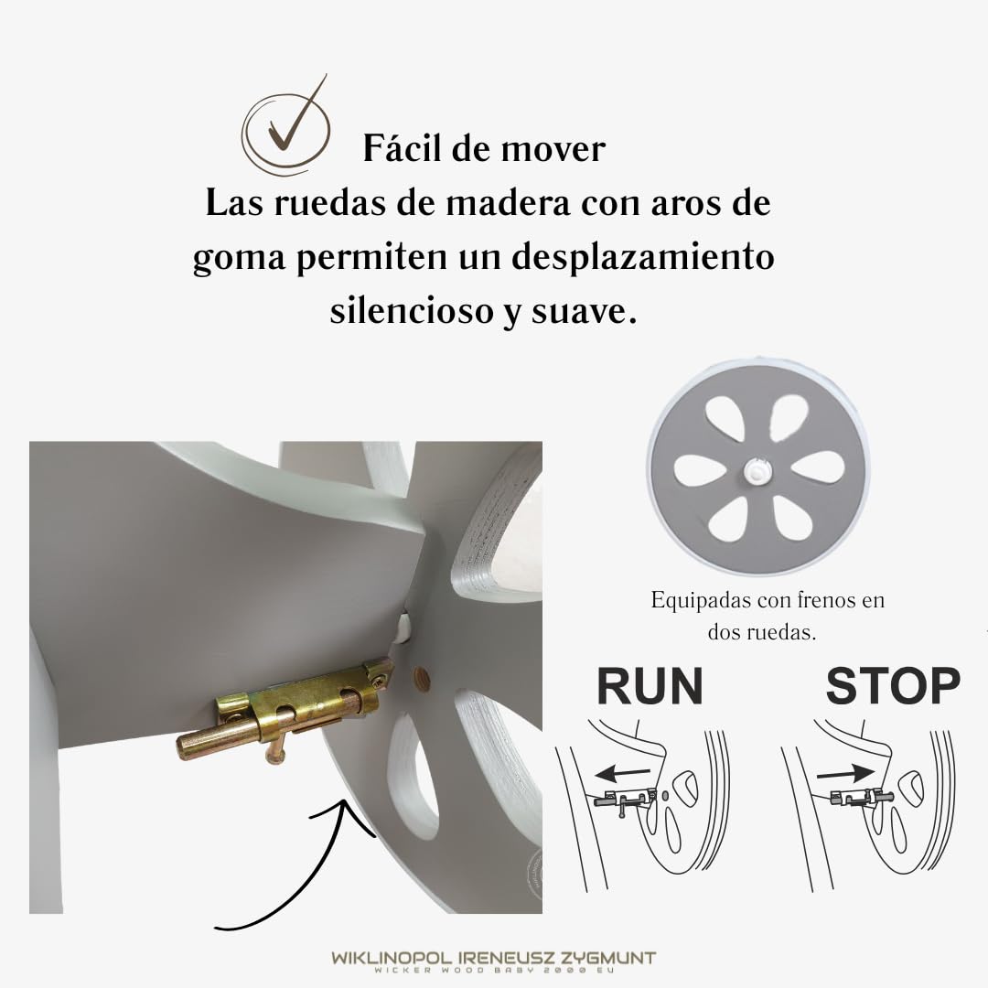 Wiklinopol Moisés de Mimbre para Bebé con Soporte de Madera y Ruedas Annabell – Cuna con Colchón y Ropa de Cama 5 Piezas Muselina Blanca – Cochecito Gris para Recién Nacido