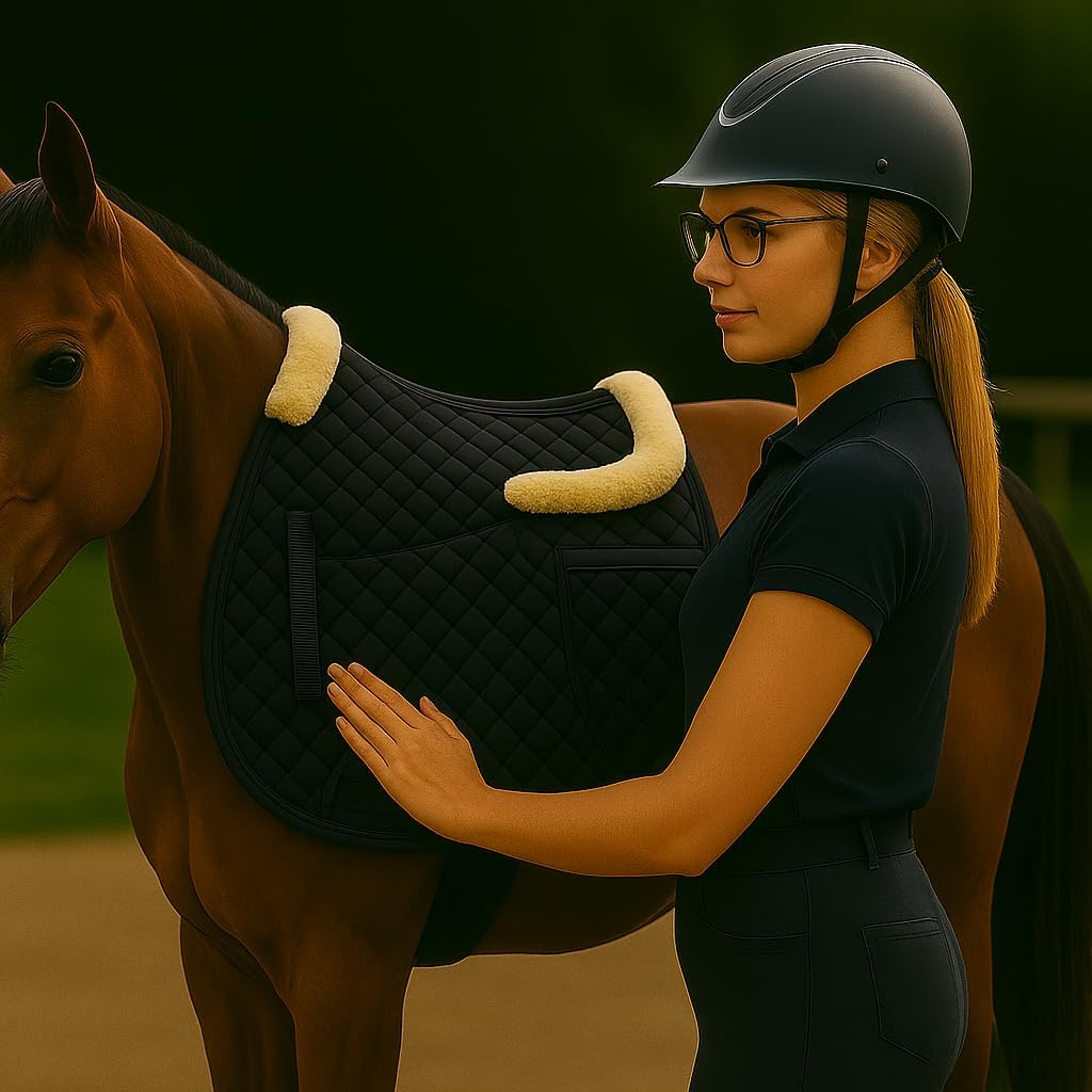 Universal English Saddle Pad with Adjustable Shims, Faux Shearling Trim, Plush Faux Wool, 3D Cooling & Non-Slip Tech. Ideal for Dressage, Jumping & Training. Machine Washable