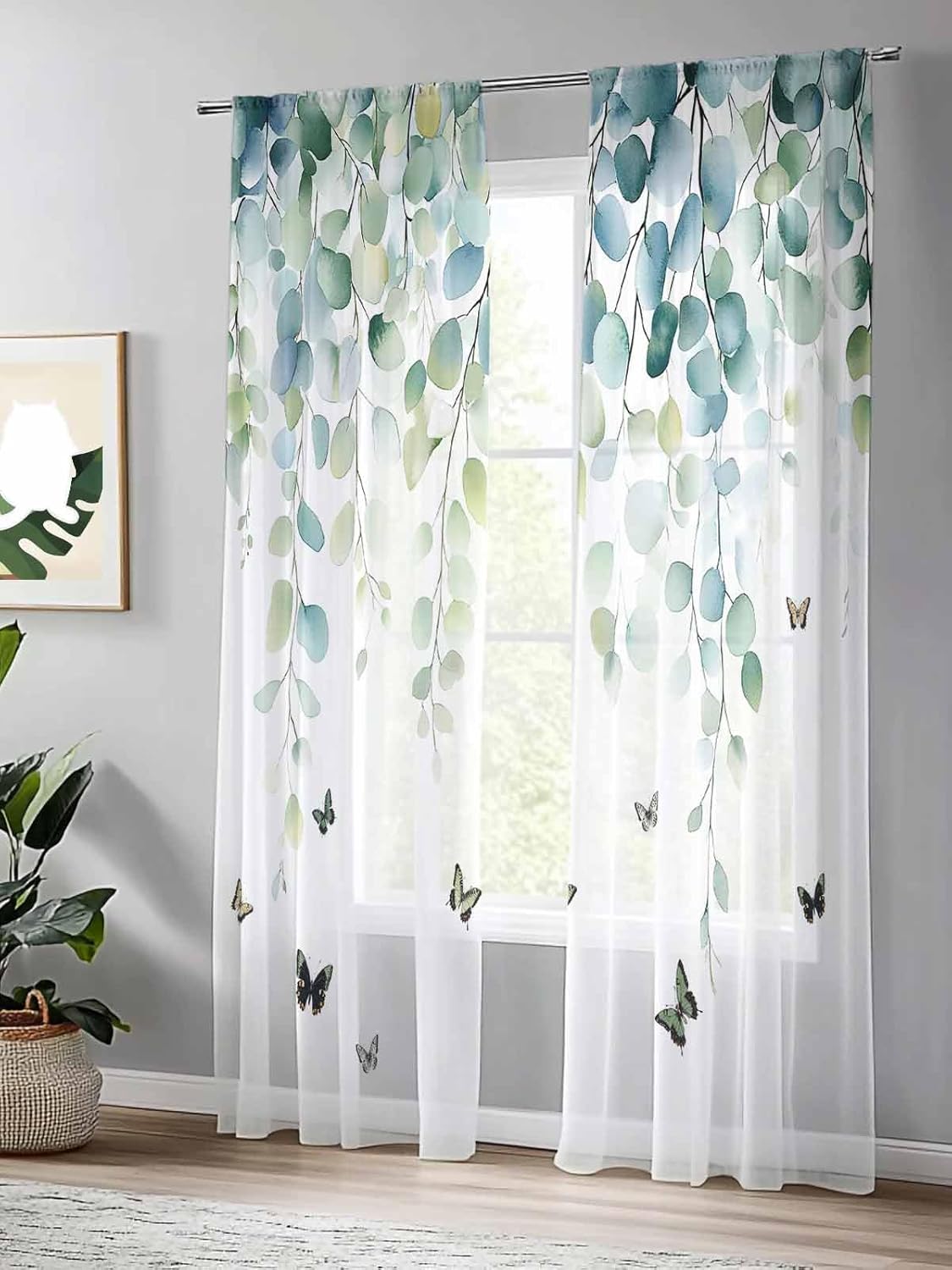Summer Eucalyptus Leaves Sheer Curtains 84 Inches Long 2 Panels Set Rustic Leaves Butterflies Light Filtering Curtains & Drapes Rod Pocket Voile Panel Curtain for Bedroom Living Room 52" W x 84" L
