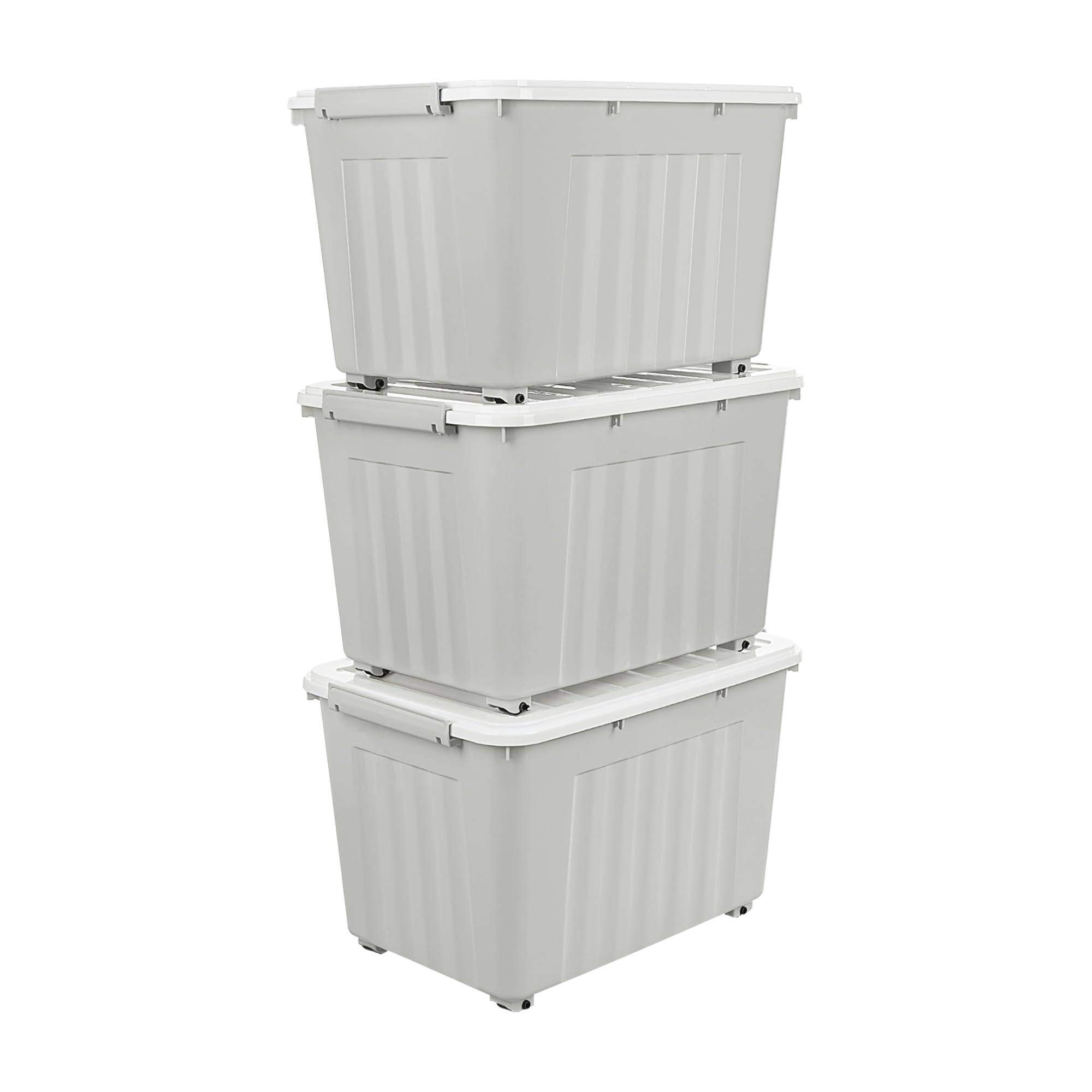 Cetomo 55L*3 Cajas de Almacenamiento con Tapas, Contenedores de Plástico con Ruedas, Clip On, Apilables, Encajables, Organizador Rayado para Oficina en Casa, Gris, 55L-3 Pack